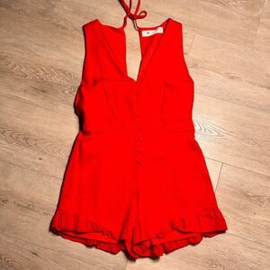 The Impeccable Pig Red V‎ Neck Button Front Ruffle Hem Romper Size Medium M